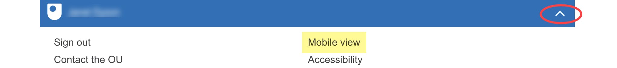 Arrow that opens view to select mobile view on StudentHome circled and mobile view highlighted.